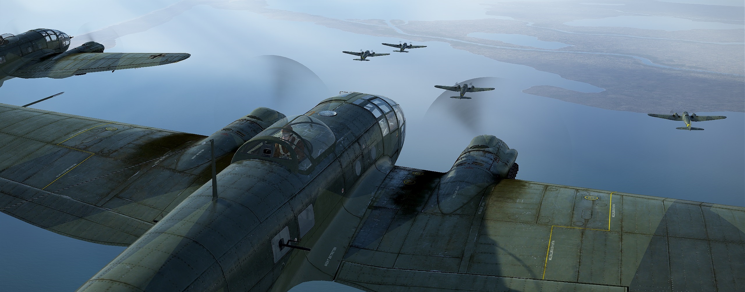 A group of bombers is approaching the target. A group of bombers is approaching the target.